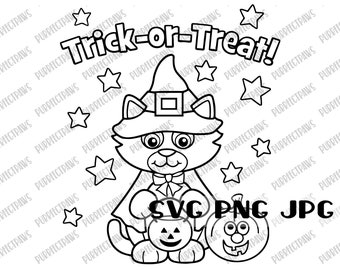 Trick Or Treat Coloring SVG, Cute Coloring Page, Cute Cat Cartoon, Happy Halloween, Coloring T-shirt, Cut File, Sublimation svg png jpg