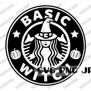 May include: A black and white graphic design with a witch in a hat, styled like a coffee shop logo. The text says "BASIC WITCH" with pumpkins and stars. Includes "SVG PNG JPG" text.