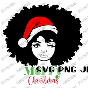 May include: A black and white digital illustration of a woman with an afro wearing a red Santa hat. The text "Merry Christmas" is written in green and red below the woman.
