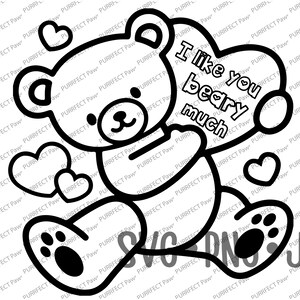 Happy Valentines Day Coloring svg, I like you beary much, Valentines bear, Coloring svg png jpg cut file sublimation