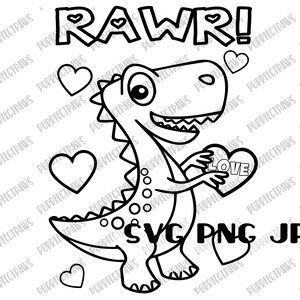 T-Rex Valentine's Day Coloring SVG, Dibujo para colorear, Rawr svg, T-Rex, Diseño digital del Día de San Valentín, Archivo cortado, Sublimación svg png jpg