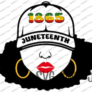 May include: Black and white illustration of a woman with an afro wearing a white baseball cap with the text "Juneteenth" and "1865" in red, yellow, and green. The woman is wearing large gold hoop earrings.