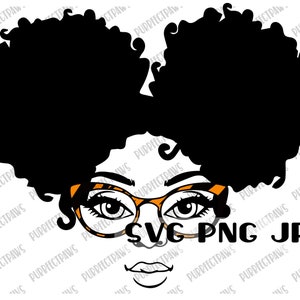 May include: Black and white illustration of a woman with an afro hairstyle wearing orange-rimmed glasses and a smile.