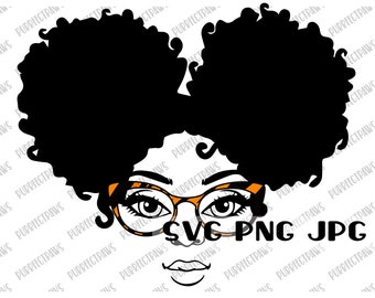 May include: Black and white illustration of a woman with an afro hairstyle wearing orange-rimmed glasses and a smile.