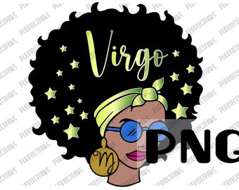 May include: A black and green illustration of a woman with an afro hairstyle. The woman is wearing a green headband, blue sunglasses, and a gold earring with the letter "m" on it. The word "Virgo" is written in gold letters above her head. There are gold stars around her head.