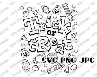 Trick Or Treat Coloring SVG, Happy Halloween Design, Coloring Page, Kids Design, Clip Art, Instant Download svg png jpg