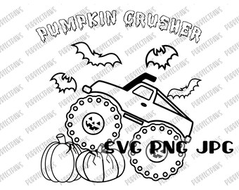 ハロウィーンのぬり絵 SVG、パンプキンクラッシャーモンスタートラック、子供用 T シャツのデザイン、ハロウィーン T シャツ、即時ダウンロード svg png jpg