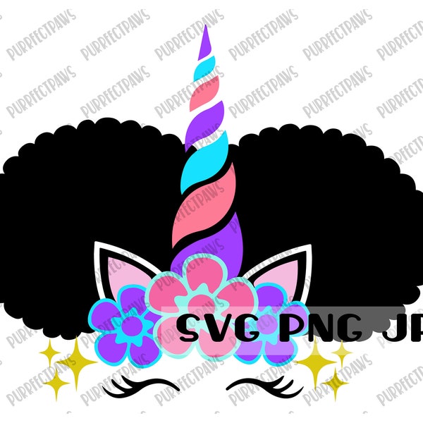 Afro Unicorn SVG, Unicorn Girl, Unicorn Birthday, cut file, sublimation, instant download svg png jpg