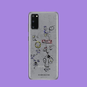 May include: A grey phone case with a black and white doodle design featuring faces, lines, and the word "VANTE". The case also has the text "THE VANTE COLLECTION" at the bottom.