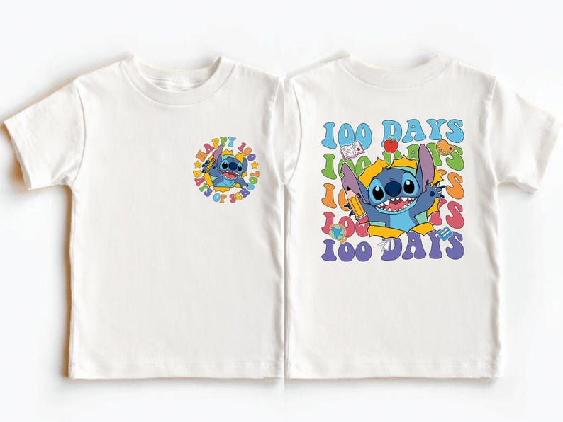two white t-shirts with colorful designs and text. The t-shirt on the left has a small circular design with a cartoon character, and the t-shirt on the right has a larger design with a cartoon character and text that reads "100 DAYS 100 DAYS 100 DAYS".