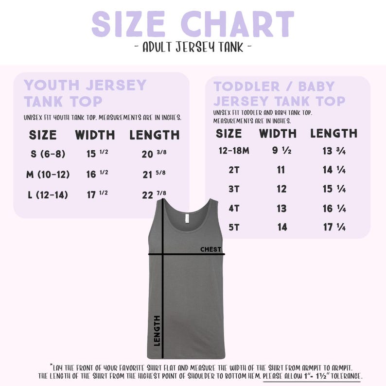 The image is a size chart for an adult jersey tank top, providing measurements and corresponding tank tops for different age groups.