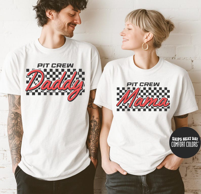 a man and a woman wearing matching shirts