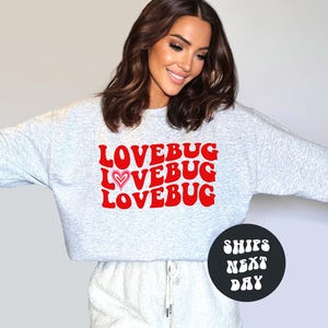 Womens Valentines Day Sweatshirt Lovebug Sweatshirt Valentine's Day Gift For Girlfriend Retro Groovy Valentines Sweatshirt Valentine Party