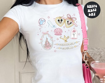 Coquette Bow Mickey Minnie Heart Locket Baby Tee Crop Top Magic Castle Comfort Colors® Tank Top WDW Disneyland Girls Trip Girly Y2K Baby Tee