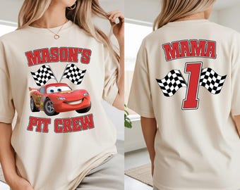 Custom Disney Cars Pit Crew Birthday Boy Lightning McQueen Custom Name Age Pit Crew Family Tees First Birthday Shirt Race Car Birthday Shirt