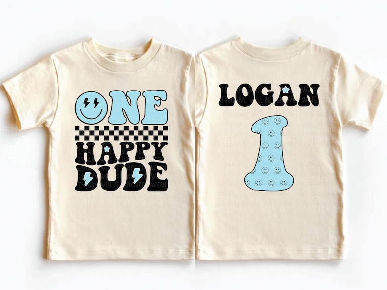 two t - shirts that say, one logn happy dude and one logn