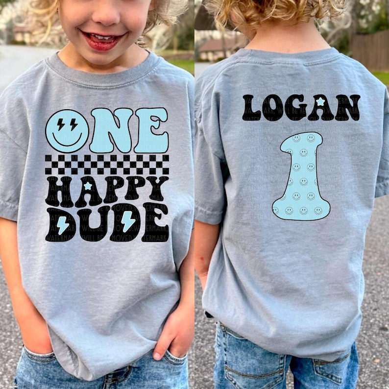 two children wearing matching shirts that say one happy dude and one happy dude