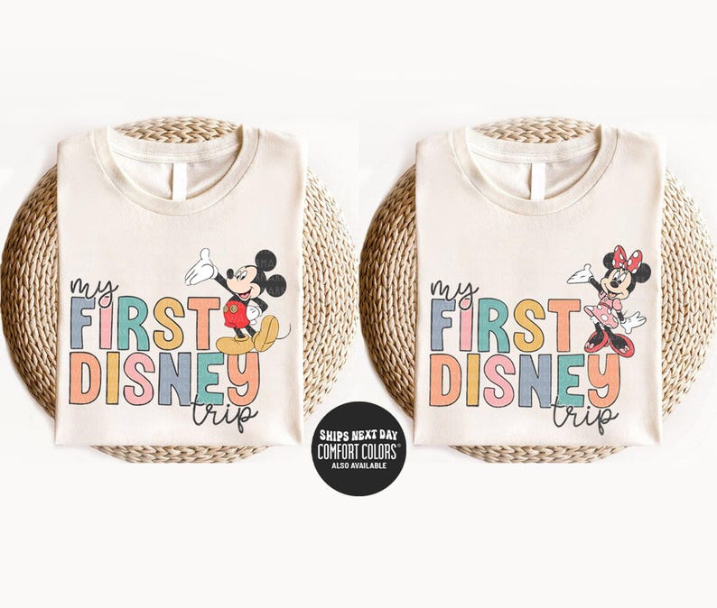 a pair of mickey mouse shirts with the first disney time on them