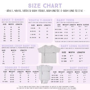 The image is a size chart for children's clothing, including a t-shirt, a long sleeve, and a baby onesie. The chart provides measurements and sizes for different age groups, such as infants, toddlers, and young children.