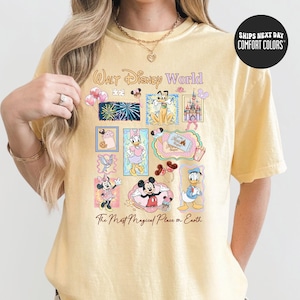 A person wearing a yellow t-shirt with a collage of Disney characters and the text "Walt Disney World" printed on it.