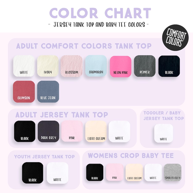 The image is a color chart that lists various adult and toddler/baby t-shirt colors, including white, black, pink, and other shades.