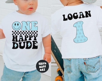 Custom Birthday Boy Shirt One Happy Dude Birthday Sweatshirt Boys Birthday Shirt Retro Groovy Checkered Birthday Party Outfit Birthday Gift