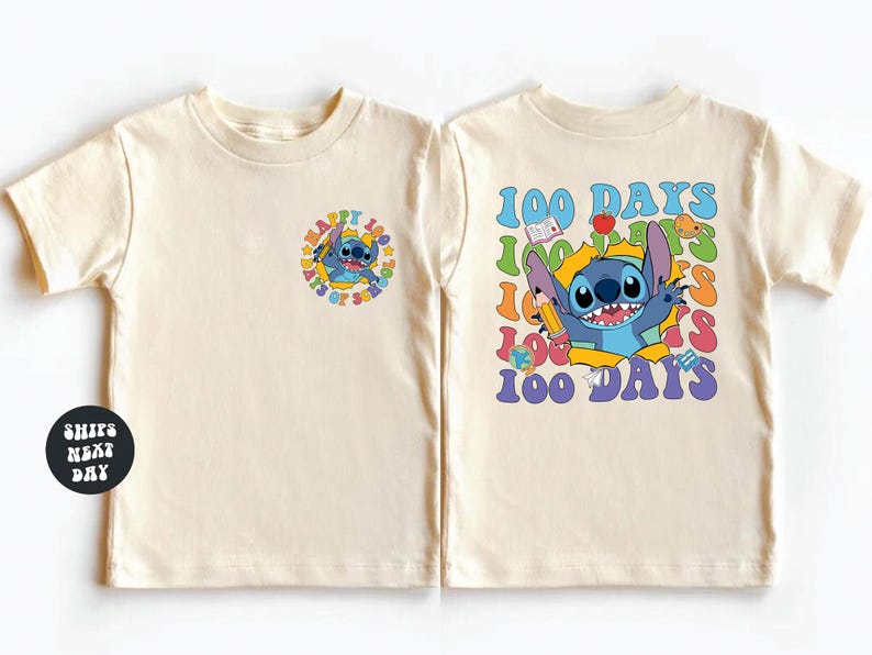 two white t-shirts with colorful designs and text. The t-shirt on the left has a small circular design with a cartoon character, while the t-shirt on the right has a larger design with a cartoon character and the text "100 DAYS" written around it.