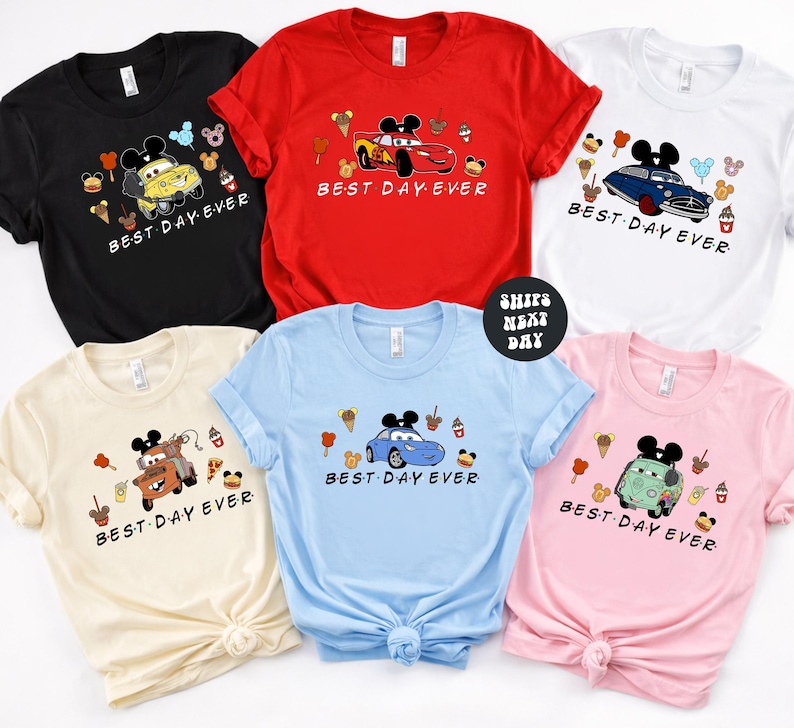a collection of six t-shirts, each featuring a different Disney character and the text "Best Day Ever" printed on them.
