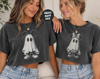 Vintage Mickey Minnie Halloween Couple Boxy Tee Mickey Ghost Baby Tee Minnie Ghost Crop Top Halloween Spooky Season Comfort Colors® Boxy Tee