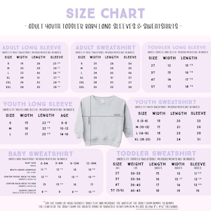 The image is a size chart for long sleeves and sweatshirts, providing measurements and corresponding sizes for different age groups and gender.