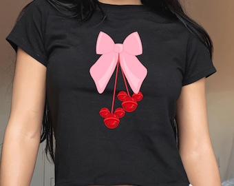 Disneyland Coquette Cherry Baby Tee Fitted WDW Coquette Disneyland Cherries Crop Top Girly Disney Baby Tee Disney Comfort Colors® Tank Top