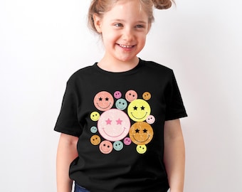 Retro Happy Faces Shirt Happy Face T-Shirt Vintage Happy Face Shirt Trendy Shirts for Youth Kids Toddler Baby Shirts Smiling Emoji Shirt