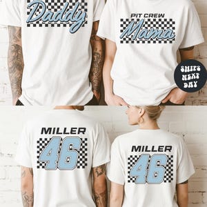 The image is a collage of four photos featuring two people wearing white t-shirts with the same design. The design includes the text "PIT CREW" and "Miller 46" along with a checkered pattern.