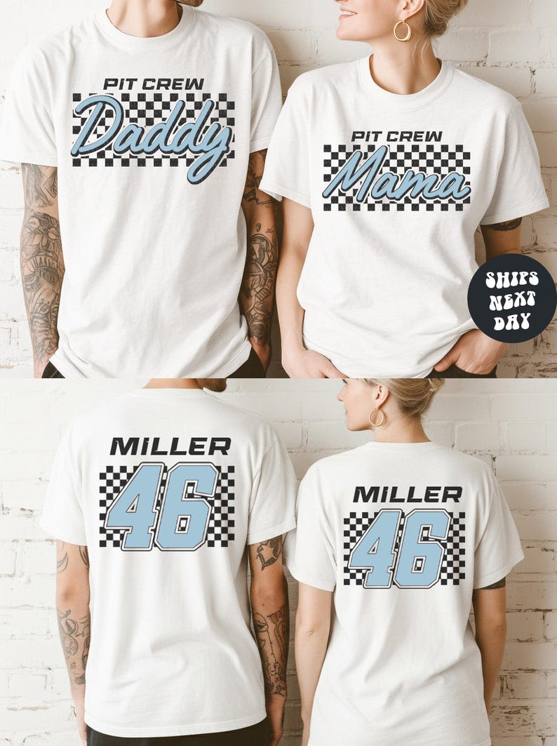The image is a collage of four photos featuring two people wearing white t-shirts with the same design. The design includes the text "PIT CREW" and "Miller 46" along with a checkered pattern.