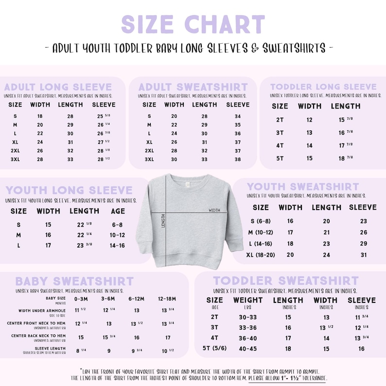 The image is a size chart for long sleeves and sweatshirts, providing measurements and corresponding sizes for different age groups and gender.