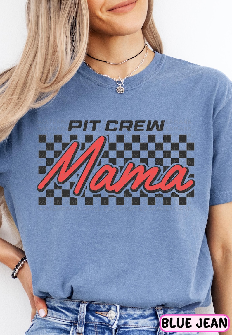 a woman wearing a blue t - shirt that says pit crew mama