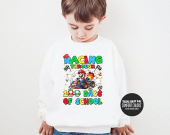 100 Days Of School Shirt Racing Through 100 Days Of School Sweatshirt Super Mario Shirt For Kids School Tee 100 Days Sweatshirt For Kids