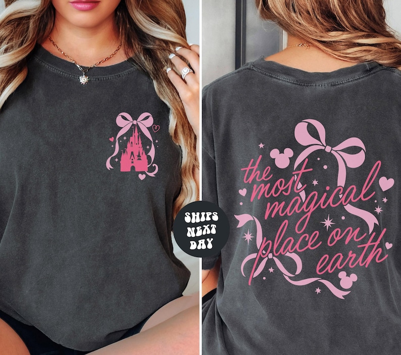 The image is a collage of two photos showing the back and front of a gray t-shirt with a pink bow and text.