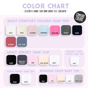 The image is a color chart that lists various adult and toddler/baby t-shirt colors, including white, black, pink, and gray.