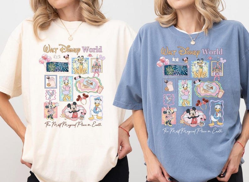 two women wearing t-shirts with Disney World graphics and text.