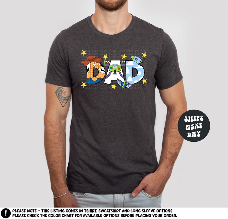 a man wearing a t - shirt with the word dad printed on it