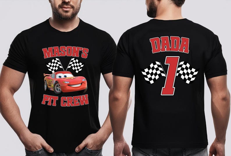 A man wearing a black t-shirt with a personalized design featuring a red car and the text "Mason's Pit Crew" and the number "1" on the back.