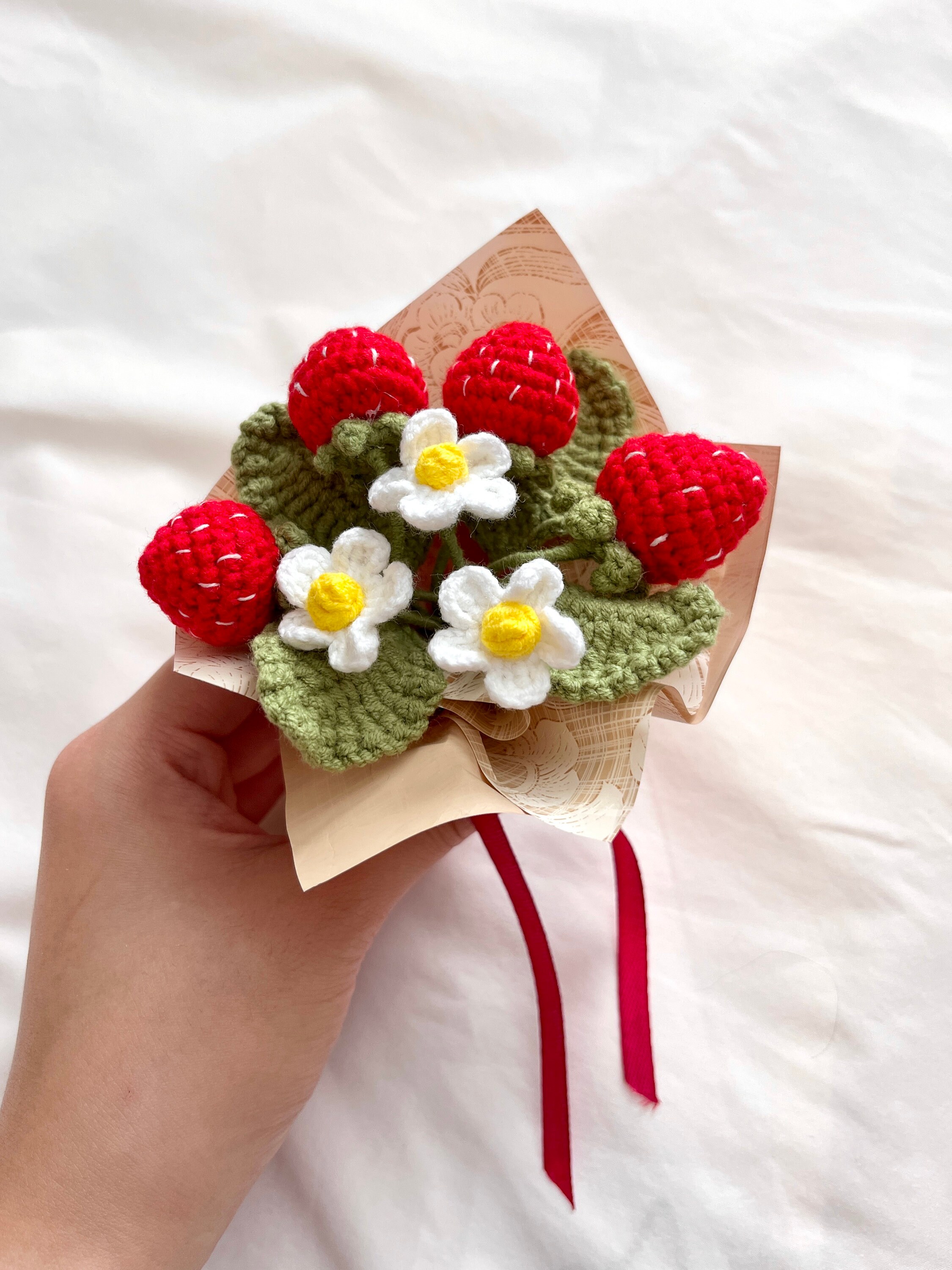Handmade Crochet Strawberry Daisy Petite Bouquet Finished Product, Cute ...
