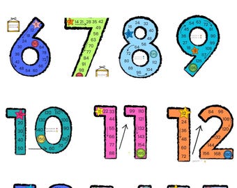 May include: Colorful educational chart featuring numbers 1 through 15, each in a different color. Each number is outlined and contains a sequence of smaller numbers and arrows, likely for counting or math lessons. Includes star and rectangle accents.