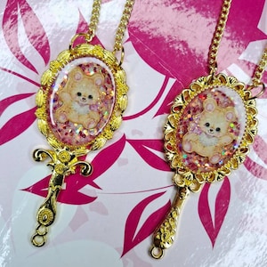 Collar con colgante de osito de peluche, joyería de resina con espejo.