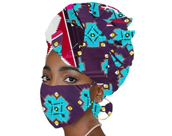 Ensembles africain + écharpe + masque + boucles d'oreilles, écharpe Ankara, écharpe africaine, turban africain, turbans pour femme/adolescente