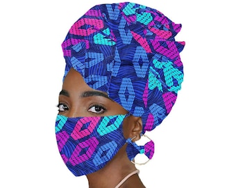 Ensembles africain + écharpe + masque + boucles d'oreilles, écharpe Ankara, écharpe africaine, turban africain, turbans pour femme/adolescente