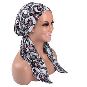 SLIDE ON CHEMO Head Scarf, Women Turbans, Soft Boho PreTied Headwear for Alopecia & Cancer Hair Loss, Cotton HeadWrap, Bald Hair Chemo Gifts