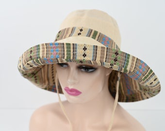 Wide Brim Cotton Sun Hat: Foldable UPF 50+ Beach Vacation Hat, Reversible Bucket Cap