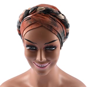 SATIN LINED Pre-Tied Turban, CHEMO Braided Full Coverage Cap, Chemo gifts, Slide on Hat for Alopecia, Hairloss Protective Styling Turbans